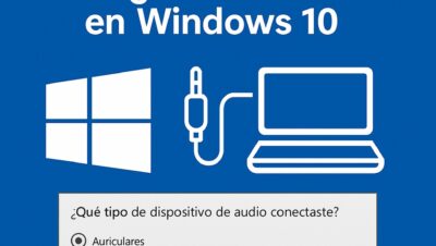 Pantalla con opciones para seleccionar el tipo de dispositivo de audio conectado en Windows 10, como auriculares o micrófono, con íconos representativos.