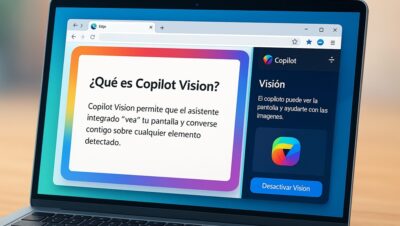 Portátil con Microsoft Edge mostrando Copilot Vision activo en la barra lateral, resumiendo una página web.