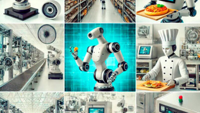 collage-of-various-robots-used-in-the-food-industry,-including-an-industrial-floor-cleaning-robot,-a-robotic-arm,-a-robotic-chef,-an-autonomous-delivery-robot,-and-an-automated-pizza-assembly-line