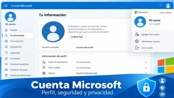 Panel de cuenta Microsoft con opciones de perfil, seguridad, privacidad y dispositivos
