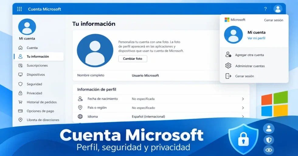 Cuenta Microsoft: seguridad, contraseña y dispositivos 1 Panel de cuenta Microsoft con opciones de perfil, seguridad, privacidad y dispositivos