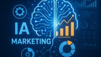 ilustracion de ia aplicada al marketing digital con graficos y cerebro digital